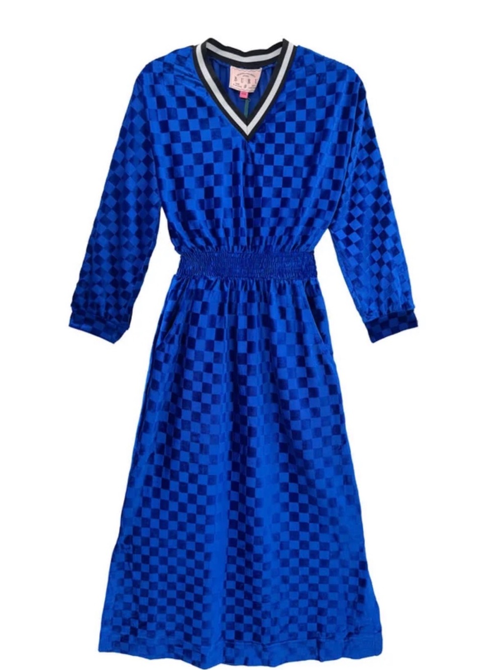 Buru Women’s Blue Checker Velvet Midi Dress with Smocked Waist